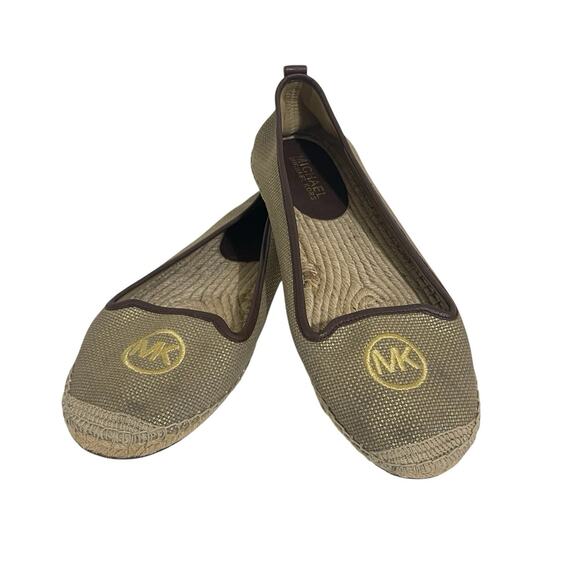 Michael Kors Metallic Beige Jute Espadrille Slip On Flats Size 8.5 Gold Logo - Picture 1 of 12
